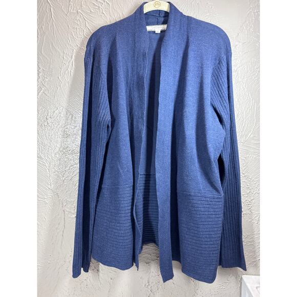 Pointelle Cardigan Womens Blue Open Front Knit Ribbed Minimalist Sweater Size XL - Picture 1 of 5
